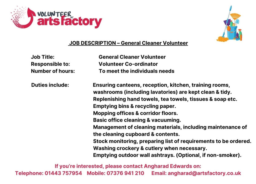 General Cleaner Volunteer at Arts Factory (Maerdy)